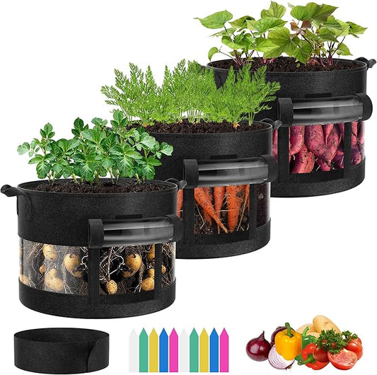 VIVOSUN 3-Pack 7 Gallon Visible Potato Grow Bags, 320G Thick Nonwoven Fabric Pots with Strap Handles, Shade Cloth & 10 Pcs Plant Labels for Flowers, Vegetables