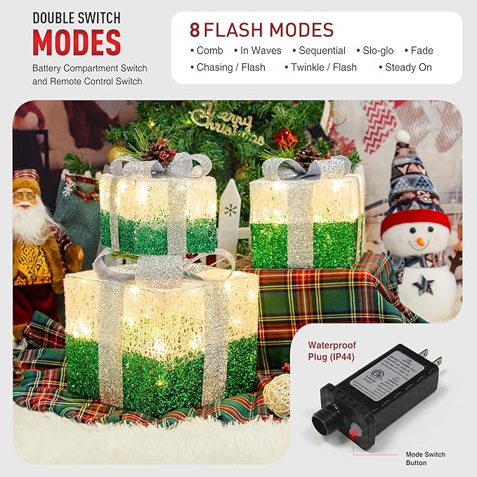 Set of 3 Christmas Lighted Gift Boxes,Outdoor Indoor Christmas Decorations,Plug-in 65 LED Light Up Present Boxes for Christmas Trees Indoor Outdoor Home Yard Lawn Holiday Birthday Party Decor
