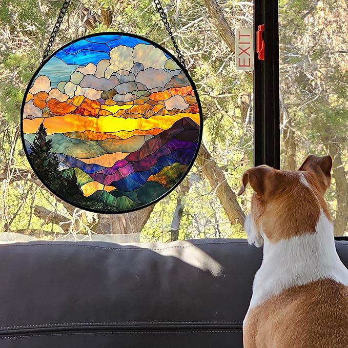 Stained Glass Window Hanging, Abstract Clouds Mountains Landscape Suncatcher for Doors Window Home Sun Catchers Decor Mother's Day Birthday Gifts for Women, Men Mom 15 in