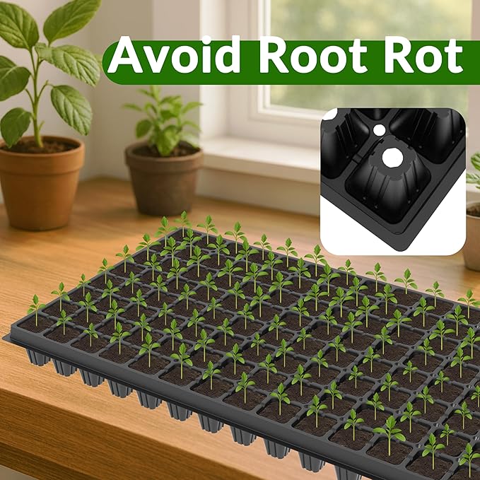 Gardzen 10 Pack 128 Cell Seed Starter Trays, 1.5" Deep Plug Tray for Seedlings, Durable Seedling Trays with Drainage Holes