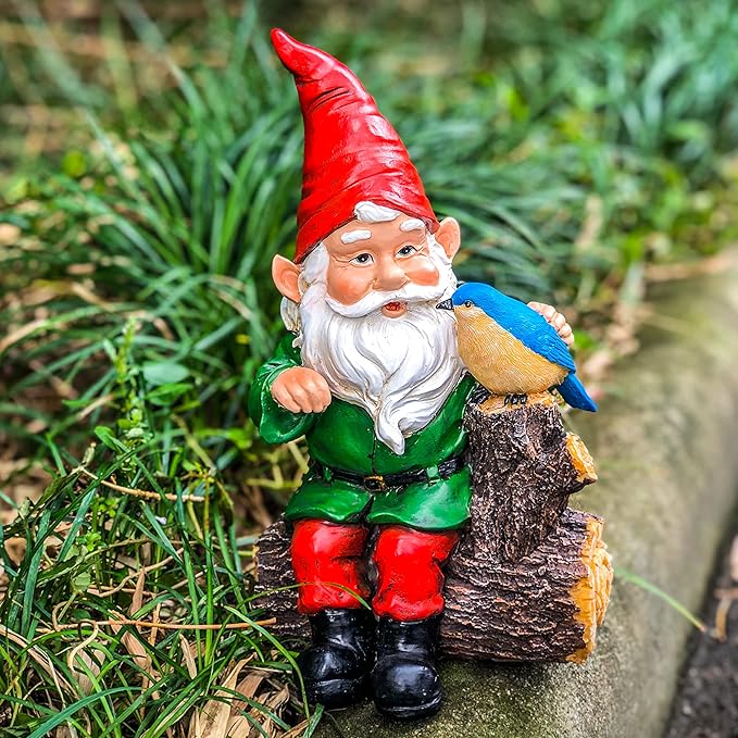 Topadorn Garden Gnome Statues with Bird Resin Sculpture Gnome Sitting on The Stump Outdoor Statues for Outdoor Garden Decor