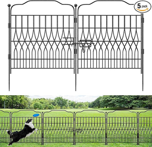 Bepatio 5 Panels Garden Fence with Latch, 27.6in (H) x 9.8ft (L) Dog Fence Outdoor for Yard, Arc Metal Fencing Panels, Animal Barrier Fencing for Outdoor, Patio, Flower Bed