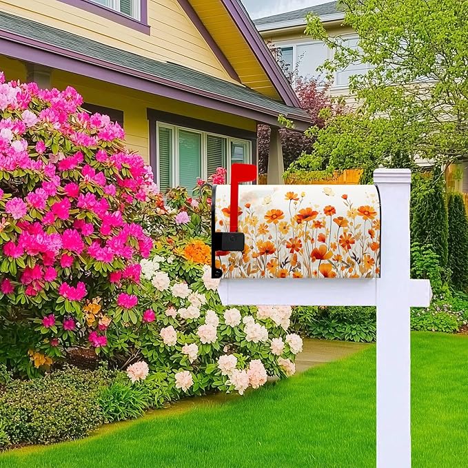 Orange Floral Mailbox Cover Fall Mailbox Covers Magnetic Standard Size 21x18 inch Autumn Beautiful Flower Post Letter Box Cover Mail Box Decorations for Outside Garden