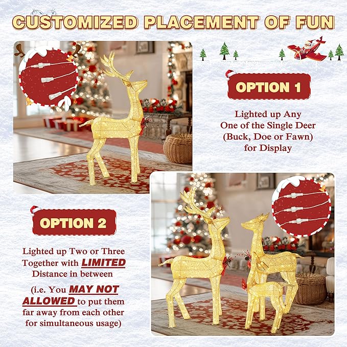MUPATER Outdoor Christmas Decorations Lighted Deer Family Set Indoor, Christmas Holiday Yard Decor 3-Piece Moose Set for Lawn and Party with Lights, Ground Stakes and Zip Ties, Gold
