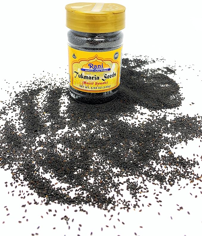 Rani Tukmaria (Natural Holy Basil Seeds) 4.94oz (140g) PET Jar Used for Falooda / Sabja Dessert, Spice & Ayurveda Herbal ~ Gluten Friendly | NON-GMO | Kosher | Vegan | Indian Origin