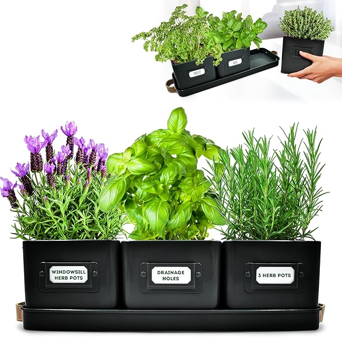 volila Herb Planter Indoor - Set of 3 Black Indoor Herb Garden Pots for Plants with Leather Handled Tray - Window Sill Plant Shelf - Herb Pots with Drainage Holes and Labels
