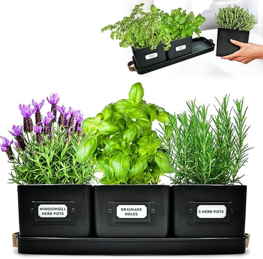 volila Herb Planter Indoor - Set of 3 Black Indoor Herb Garden Pots for Plants with Leather Handled Tray - Window Sill Plant Shelf - Herb Pots with Drainage Holes and Labels