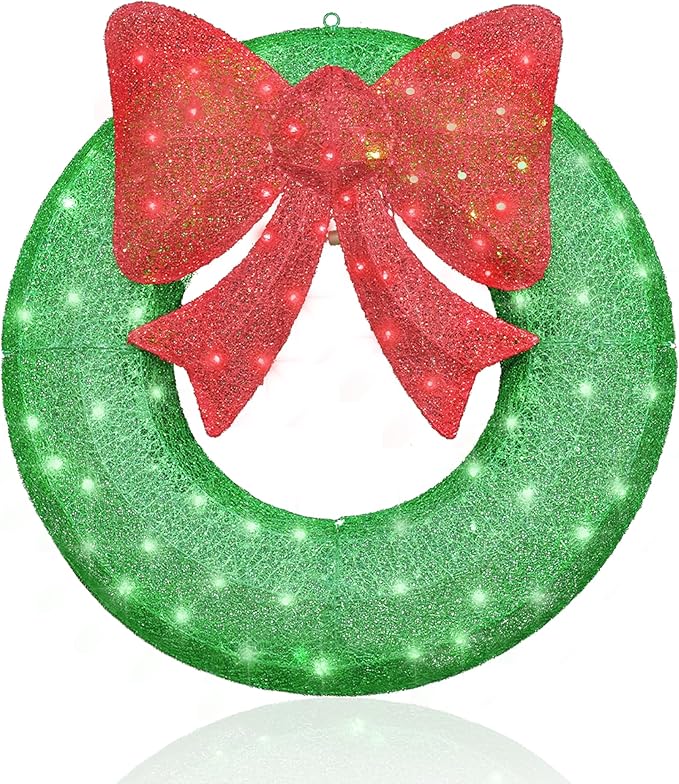 Lamerge 1PC Pre-Lit Outdoor Christmas Wreath Decorations, 36'' Bow Holiday Decor Wreath, Christmas Wreath with 90 Lights, Lights Outdoor/Indoor Decorations for Front Door, Wall, Window, Green