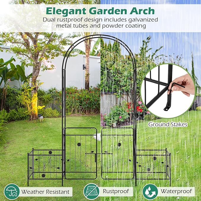 Giantex Garden Arch with Planter - 86 inch Metal Garden Arbor with Gate, Arch Trellis for Climbing Plants Rose, Wedding Archway Pergola for Lawn Patio Bridal Party Decoration