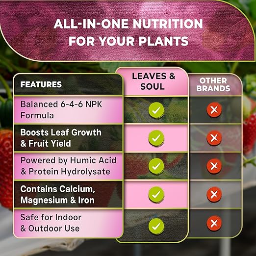 Leaves and Soul Professional Strawberry Fertilizer Liquid Concentrate - 6-4-6 Blend Liquid Garden Fertilizer for Strawberries - Plant Food for Strawberry Bushes and Plants - 8oz