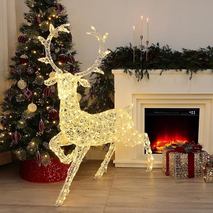 LuxenHome Lighted Reindeer Christmas Outdoor Yard Decorations, Prelit Runing Reindeer Indoor & Outdoor Christmas Decor with 300 LED Lights, Xmas Decorations for Front Porch, Lawn, Garden Display