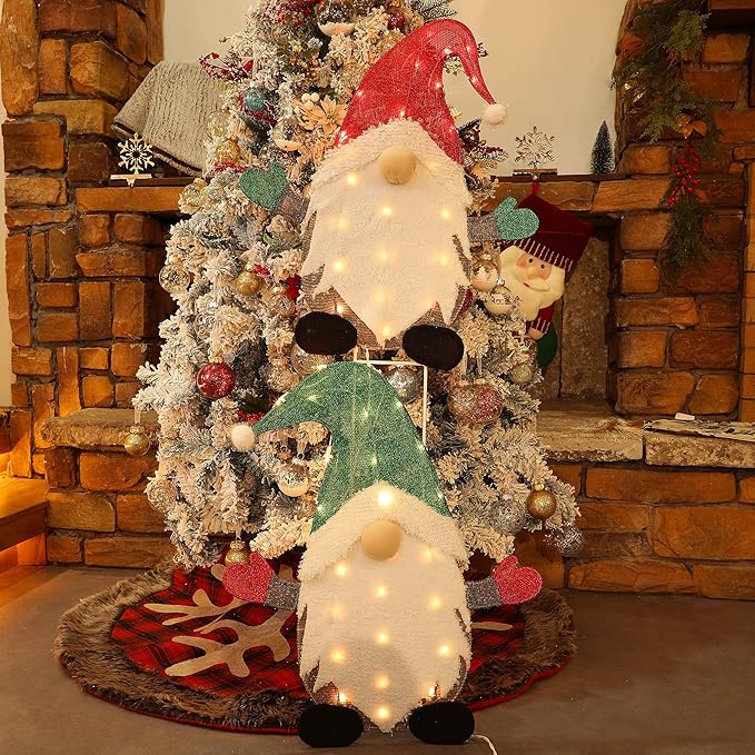 WATERGLIDE Set of 2 Lighted Christmas Tinsel Gnomes Decorations, 24 Inch Pre-Lit Light Up 2D Stacked Gnome with Incandescent Lights, Indoor Outdoor Festive Xmas Holiday Garden Yard Lawn Decor