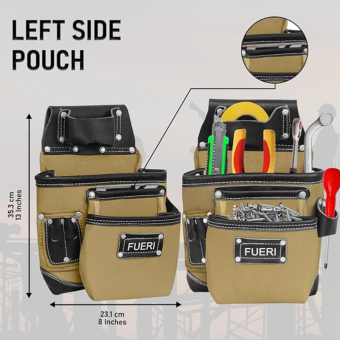 FUERI Tool Belt Leather Nylon Heavy Duty 19 Pocket Bag Pouch for Men Carpenter Electrician Bags Pouches Holder Organizer Foam Padded Belts Suspender Loops Set