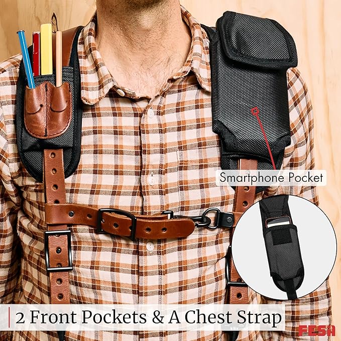 FESA Leather Tool Belt Suspenders for Men with Breathable Mesh Padding, Front Pockets & 4 Loops for Attachment to Work Belts