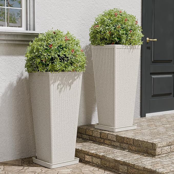 Tapered Tall Planters for Outdoor Plants 2 Pack- 23.6 Inch Heavy-Duty Classic Square Indoor Flower Pots with Drainage Holes/Partition/Tray, Large Outdoor Planters for Porch Patio, Beige