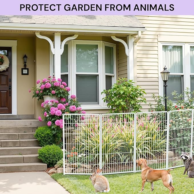SunsGrove Tall Garden Fence with Gate, 40 in(H) x 26.8 ft(L) 12 Panels Heavy Duty Metal Animal Barrier Fence for Yard, Suitable for Indoor or Outdoor Dog Pet Fence, Garden Fence Border, White
