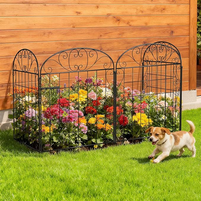 4 Panels Garden Fence Dog Fence Outdoor for Yard with Gate, 30 in(H) x 8.4 ft(L) No Dig Decorative Garden Fencing Animal Barrier, Metal Wire Panel Border for Dogs, Rabbits, Patio, Flower Bed