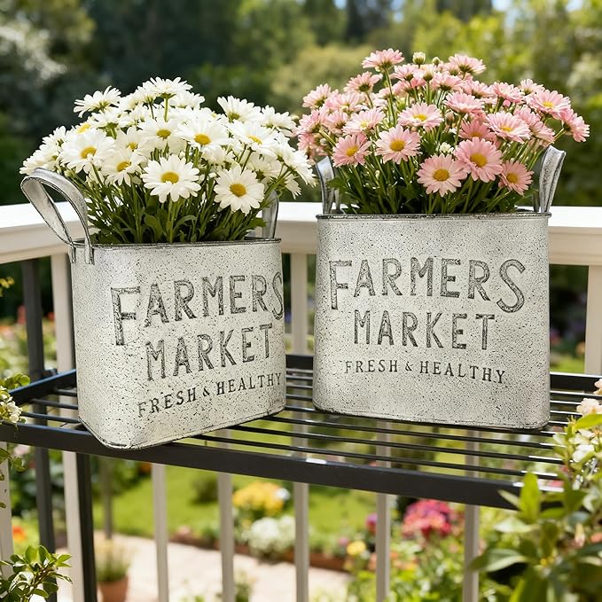 Vintage Metal Flower Planter Buckets with Handle Set of 2 Rustic Metal Flower Pots Farmhouse Plant Containers for Herb Succulent, Indoor Outdoor Garden Home Yard Bathroom Kitchen Decor (White)