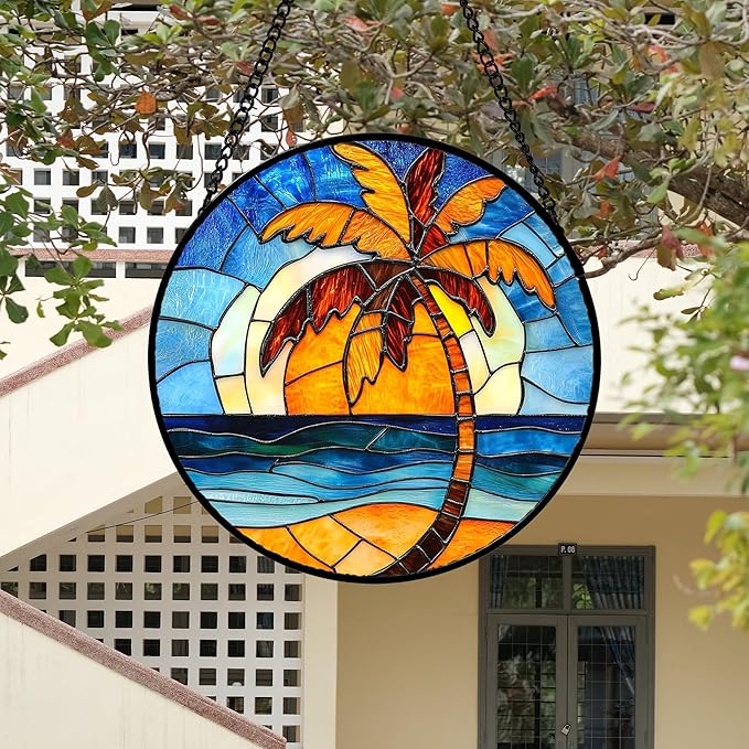 Stained Glass Window Hanging 4 Pcs Set Blue Orange Ocean Beach Theme 7.8" - Suncatcher Door Garden Sun Catcher Decor Birthday Christmas for Mom Woman Nana Men Wife