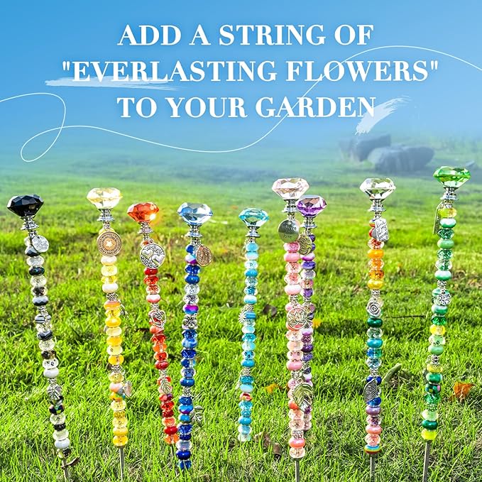 513pcs DIY Beaded Garden Stakes, DIY Fairy Wand Garden Stake Decorative Kit with Plants and Motivational Pendant, 12 in Rod, Crystal Top, Large Holes Bead for Holidays Outdoor&Indoor Decorative