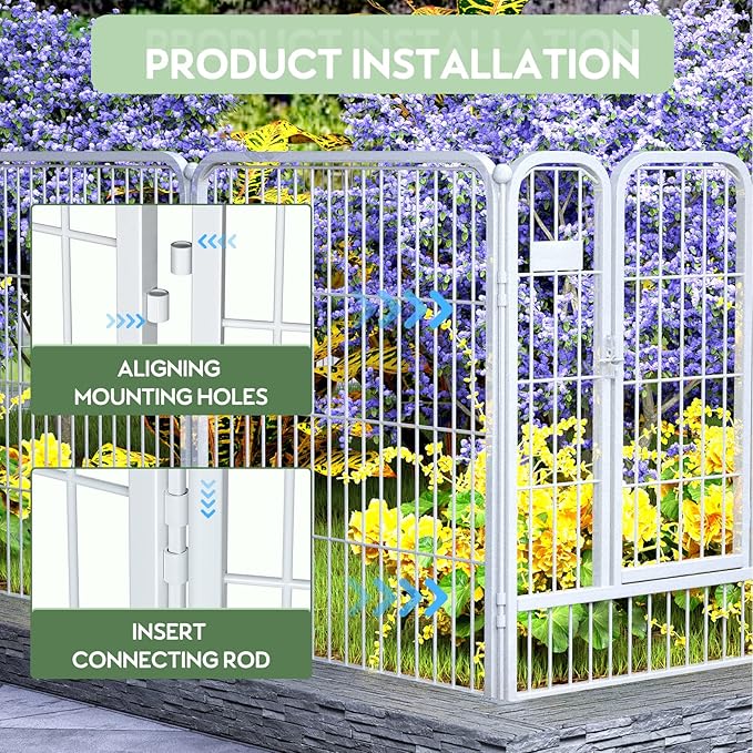 ZXMOTO White Outdoor Garden Fence 5 Panels with 1 Gate,32in (H) x 14ft (L) for Dogs Outside,Metal Wire Fencing Border Animal Barrier,Flower Edging for Yard Landscape Patio Decor, Square