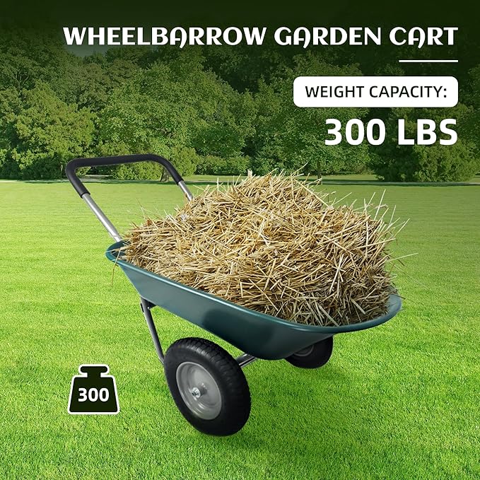 Elevon Wheelbarrow Garden Cart, Heavy Duty Home Utility, Dual-Wheel Home Garden Yard Utility Wheelbarrow Cart with Built-in Stand, Green