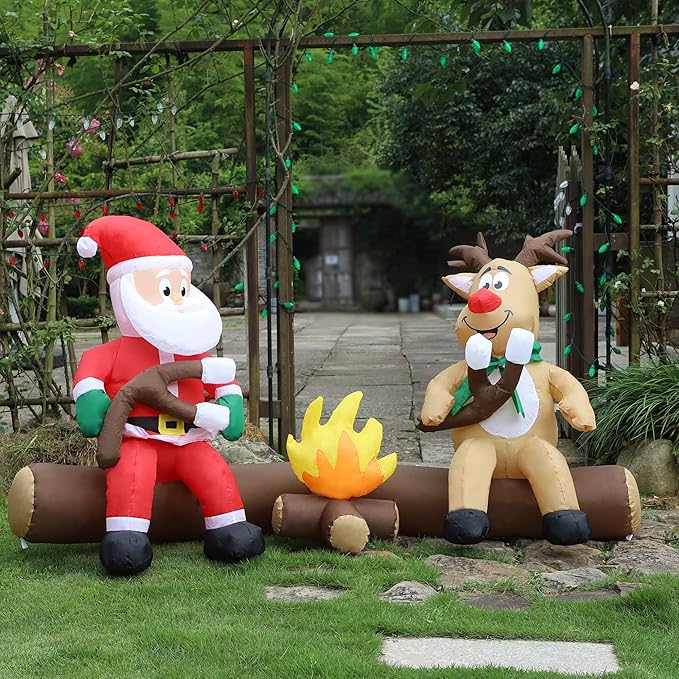 Joliyoou 7FT Christmas Inflatable Decorations, Blowup Santa and Reindeer Roasting Marshmallows Over Campfire, Lighted Xmas Inflatable for Yard Front Door Outdoor Indoor Decor