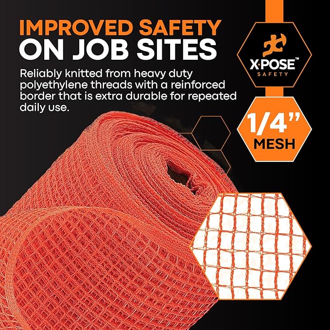 Xpose Safety Construction Safety Debris Netting - 150 Ft Temporary Material Roll, 1/4" Mesh Scaffold Net Enclosure, Visibility Barrier, Fencing Roll, Heavy Duty Fire Retardant 5.5 ft x 150 ft, Orange