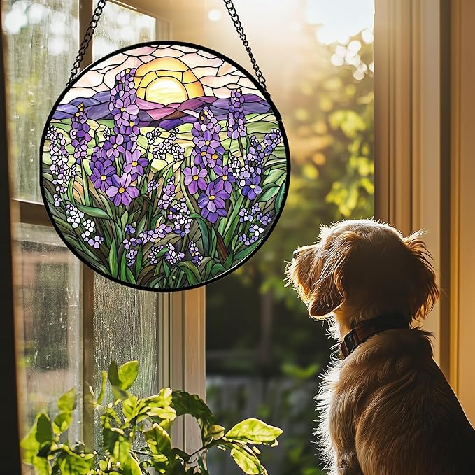 Stained Glass Window Hanging - Purple Lavender Suncatcher for Door Terrace Garden Home Decor Plant Flowers Landscape Sun Catcher Birthday Gifts for Lovers Women Men Dad Mom Nana 6.3 in