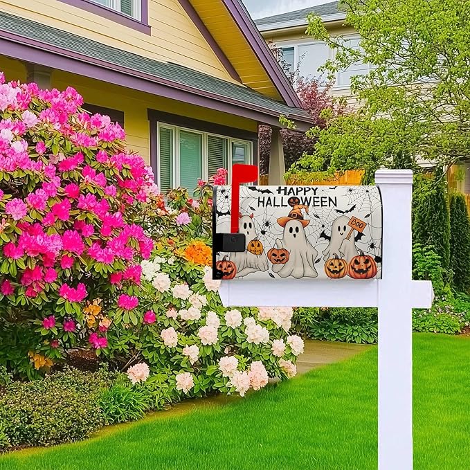 Happy Halloween Mailbox Covers Magnetic Boo Ghost Mail Box Cover Pumpkin Mailbox Wraps Magnetic Standard Size 21x18 inch for Outside Garden Yard Spider Web Bat