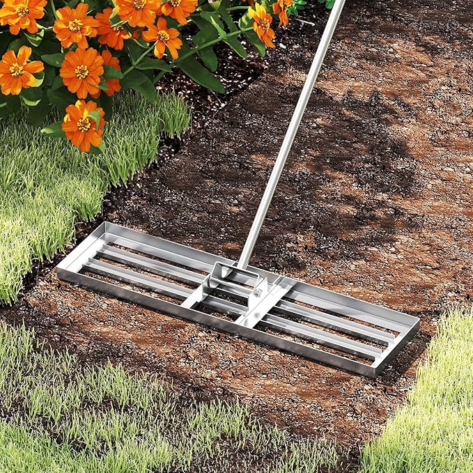 36" x 10" Lawn Leveling Rake, Heavy Duty Landscape Rake with 67" Handle, Non-Slip Grip & Flat Head, Space-Saving Lawn Level Tool for Garden, Backyard, Golf Course & Sports Field(Silver)