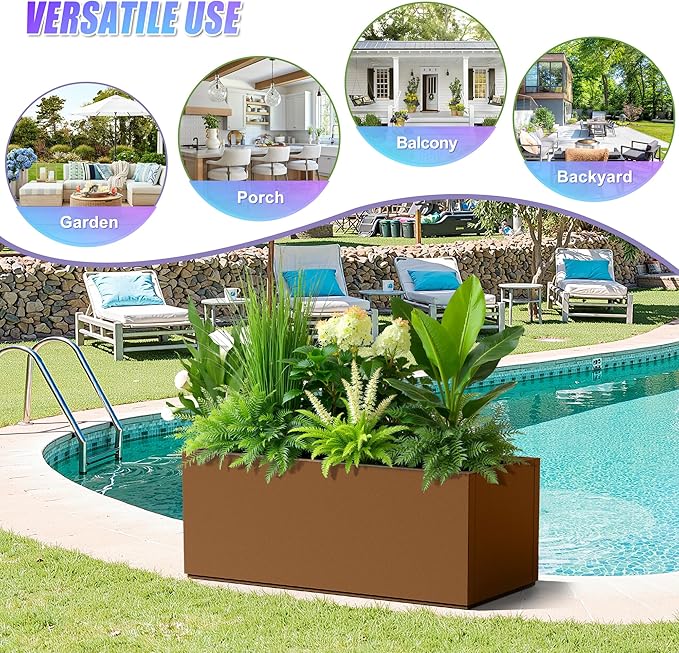 Tall Metal Planter, 15" W×16.3" H Large Rectangular Planter Box for Outdoor or Indoor, All-Weather Durable Plant Box with Drainage Holes & Removable Shelf for Patio, Porch, Garden, Trees, Flowers