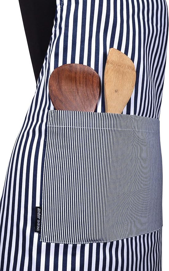 AMOUR INFINI Cotton Aprons for Women with Pockets Adjustable Strap and Waist Ties Washable Printed Aprons for Baking, Cooking, Gardening (27.5 x 33 Inches - Blue)