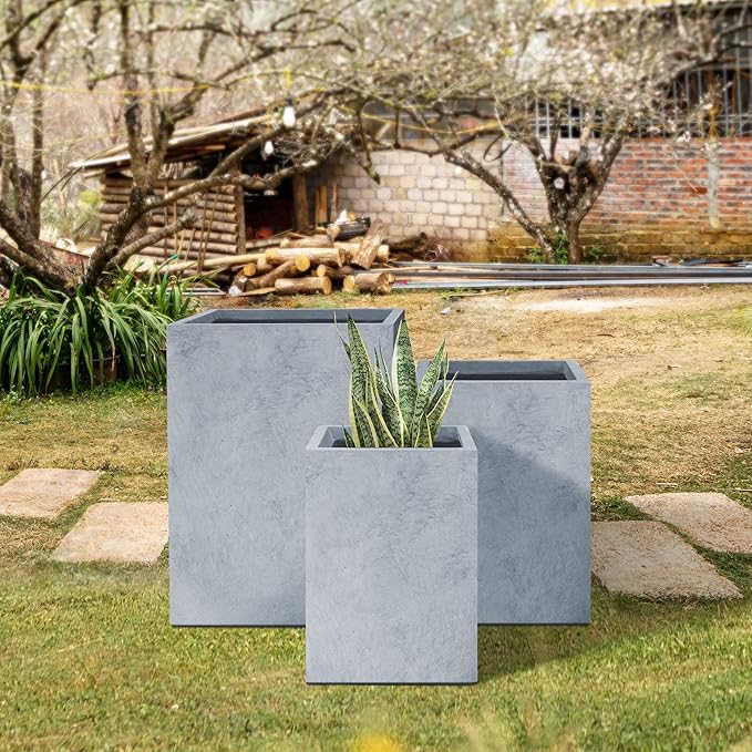 Kante 18.5",15.7",12.6" H Tall Rectangular Concrete Planters Set of 3, Outdoor Indoor Lightweight Plant Pots with Drainage Hole and Rubber Plug, Modern Style for Home Garden Patio, Slate Gray