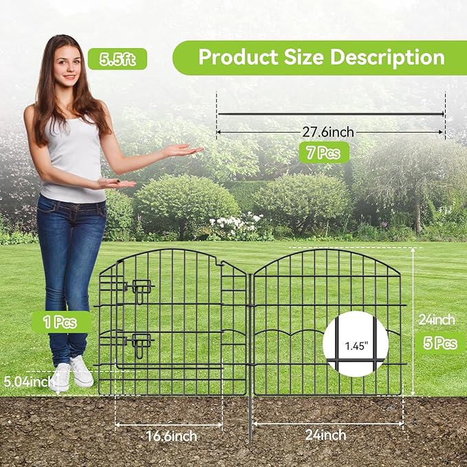 Decorative Garden Fence 6 Panels 12ft (L)×24in (H) No Dig Animal Barrier Fencing with 5 Panels + 1 Gate, Metal Garden Fences Rustproof Wire Border Temporary Dog Fence for Patio Outdoor Yard Lawn