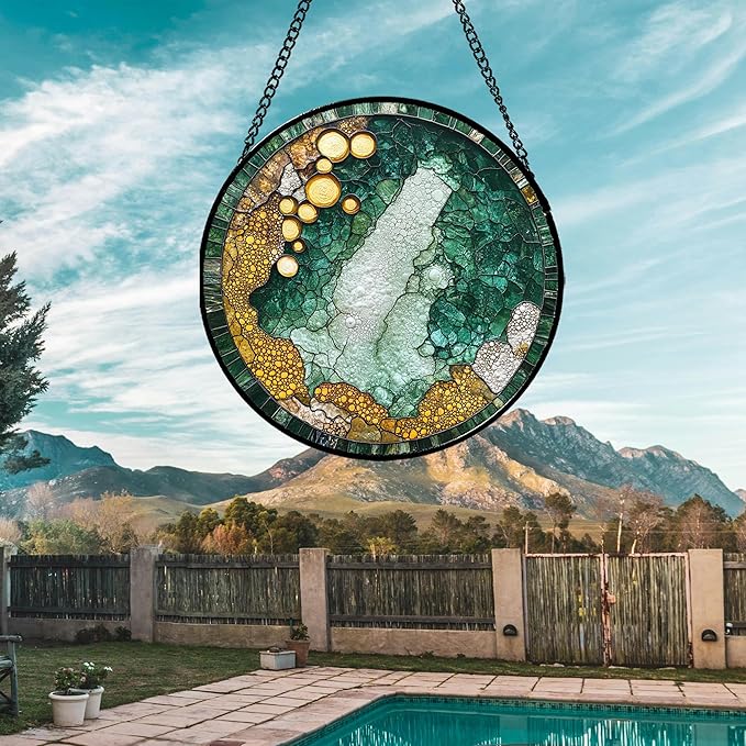 Stained Glass Window Hanging - Abstract Suncatcher for Doors Garden Patio Yellow Green Sun Catchers Decor Christmas Mother's Day Birthday Gifts for Boy Women Men Mom Nana Friend 7.8 in