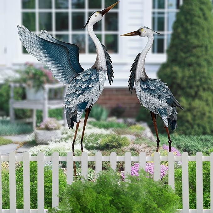 TERESA'S COLLECTIONS Garden Decor Blue Heron Metal Yard Art,38-42" Large Metal Cranes Sculptures & Statues Heron Decoy for Outdoor Indoor Decorations,Outside Patio,Pool, Lawn,Set of 2,Gift for Mom