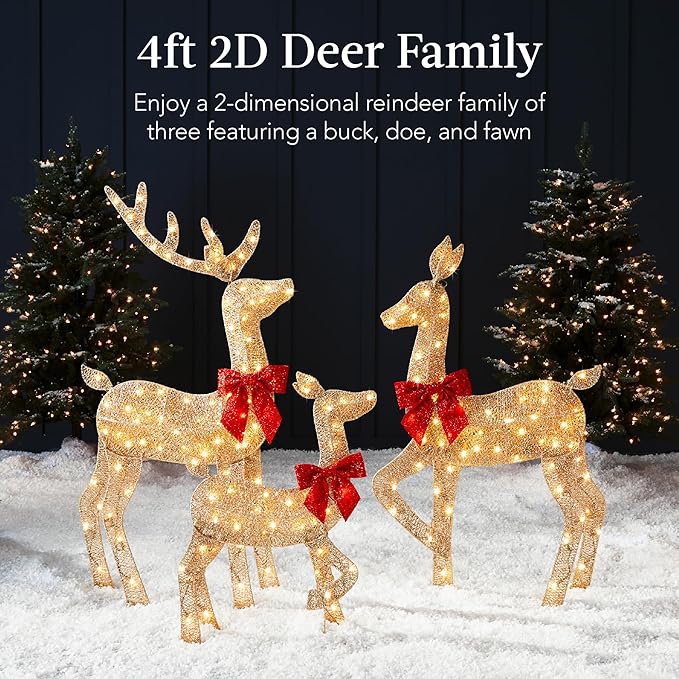 Best Choice Products 4ft 3-Piece 2D Lighted Christmas Deer Family Set, Large Outdoor Yard Reindeer Holiday Decoration with 175 LED Lights, Stakes, Zip Ties - Gold