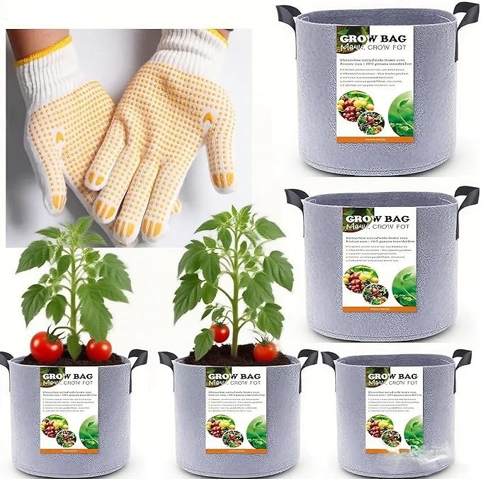 Grow Bags,Gallon Pot,Gallon Grow Bag,Fabric Plant Vegetable Pots with Handles,2-12 Nursery Pot Gallon Grow Bags with 1 Non-Slip Gardening Gloves,5pcs(7 Gallon)