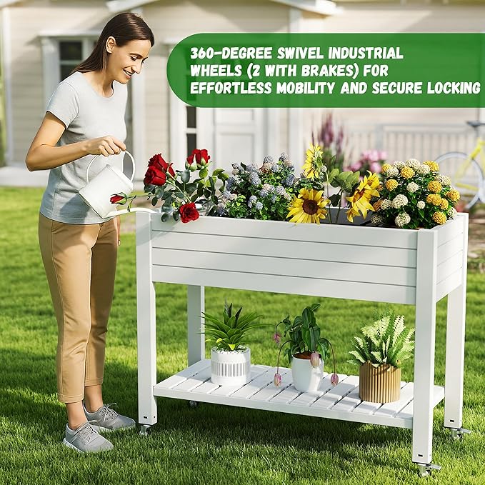 EasyUp Elevated Horticulture Raised Garden Bed with Legs, Divisible Raised Resin Planter Box for Backyard, Patio, Balcony, with 4 Legs, 4 Swivel Lockable Wheels, and Storage Shelf,Ashen