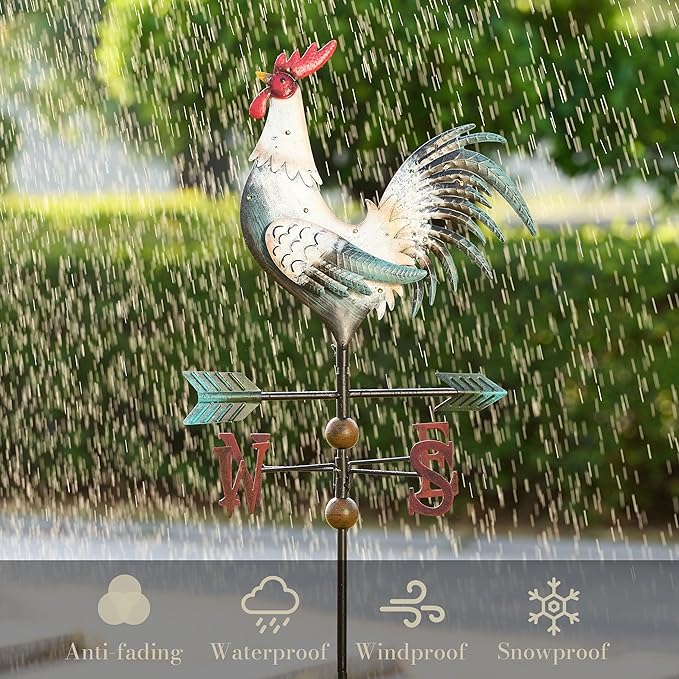 TERESA'S COLLECTIONS Garden Decor with Solar Outdoor Lights, White Rooster Yard Art Sign for Outside, 39.4'' Metal Weathervane Decorative Garden Stake for Outdoor Decor, Lawn, Gifts for Fathers Day