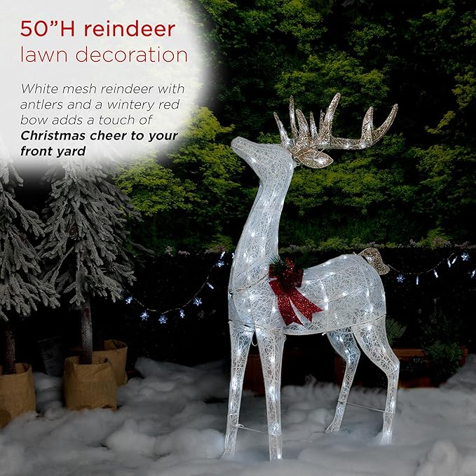 Alpine Corporation 50" H Mesh Holiday Reindeer Lawn Decoration with Cool White Lights, Christmas Decoration
