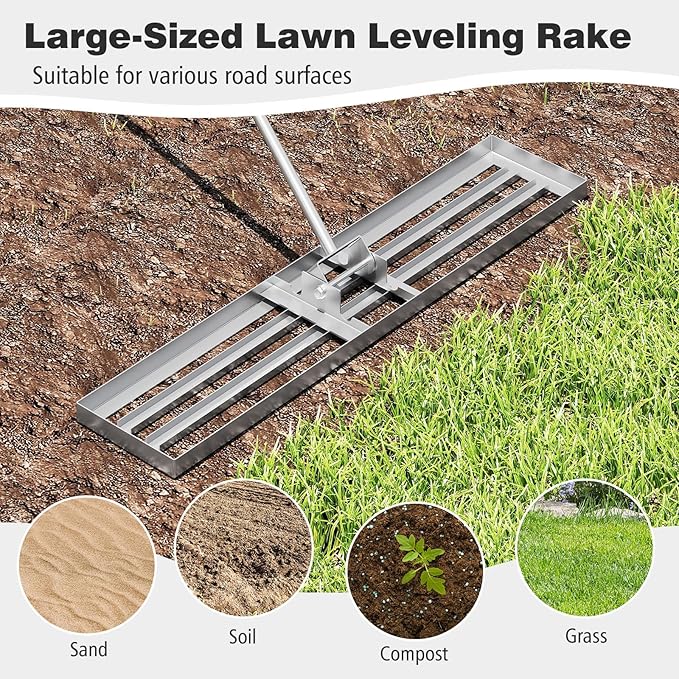 46" x 10" Lawn Leveling Rake, Heavy Duty Landscape Rake with 67" Handle, Non-Slip Grip & Flat Head, Space-Saving Lawn Level Tool for Garden, Backyard, Golf Course & Sports Field(Silver)