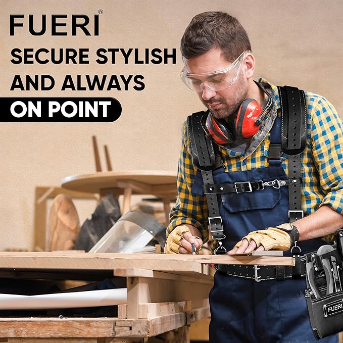 FUERI 16 Pocket Leather Tool Belt with Padded Suspender for Carpenters, Construction, Electricians, Framers Rig Pouches Holder Organizer Set