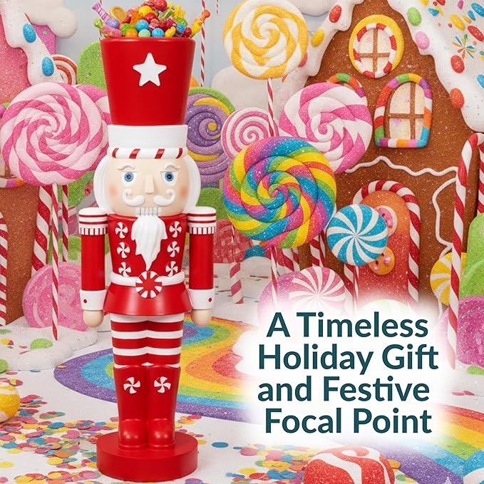 Sunnydaze 3ft Alfonso The Noble Nutcracker Christmas Decoration - Polyresin Indoor or Outdoor Nutcracker Statue with Candy Cane Design