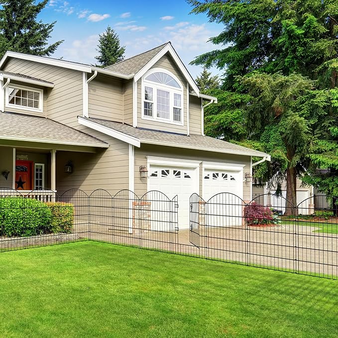 Metal Garden Fence 32 in H x 28 in W 10 Panels (9 Panels + 1 Gate) Total Length 23 ft, No Need Dig Rustproof Animal Barrier Fencing Border Fence for Dog, Patio,Yard, Landscape, Flower Bed