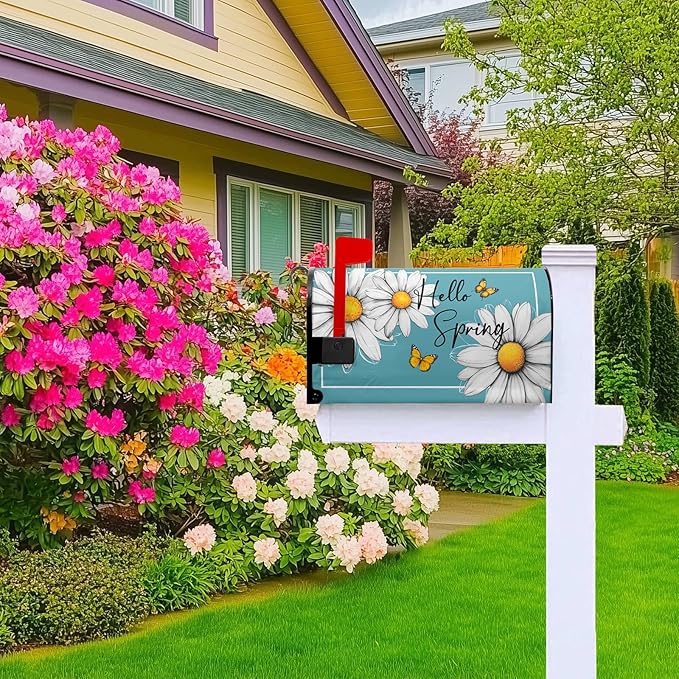 Spring Floral Daisy Mailbox Cover Magnetic Standard Size 21x18 in Floral Butterfly Post Letter Box Cover Decorations for Outside Garden Yard Blue