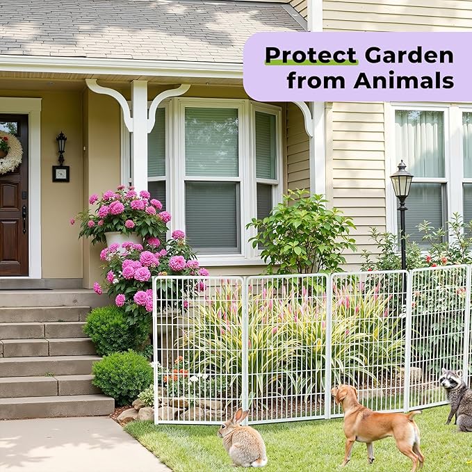 SunsGrove Tall Garden Fence with Gate, 45 in(H) x 26.8 ft(L) 12 Panels Heavy Duty Metal Animal Barrier Fence for Yard, Suitable for Indoor or Outdoor Dog Pet Fence, Garden Fence Border, White