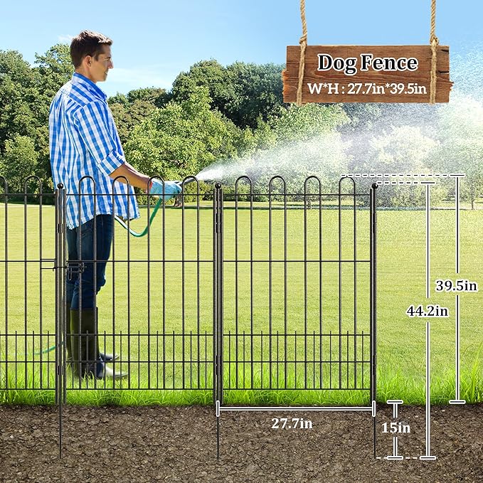 Bepatio Tall Garden Fence Animal Barrier with Gate, 39.5in (H) x 11.5ft (L) 5 Panels Decorative Dog Fence Outdoor for Yard, Heavy Duty Metal Fence Border, Flower Bed, Easy Setup, Black