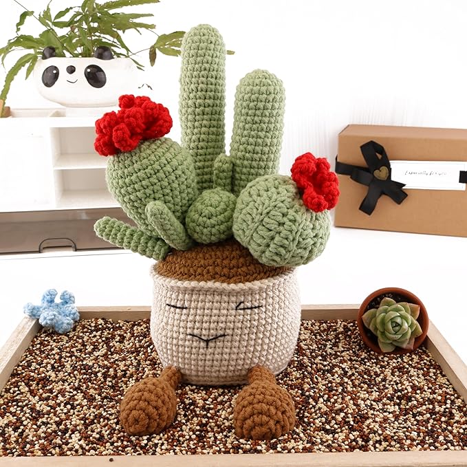 Crochets Cactus Plants, Hand-Knitted Succulents with Emotional Support Wool are Suitable for Refueling Gifts, Home Office Table Dining Room Classroom Decoration and Photography Props (Red)